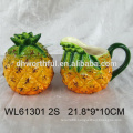 Cheap ceramic condiment set in pineapple shape with wooden bottom